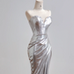 Silver strapless, fitted, bodycon, sexy long ball gown R8154