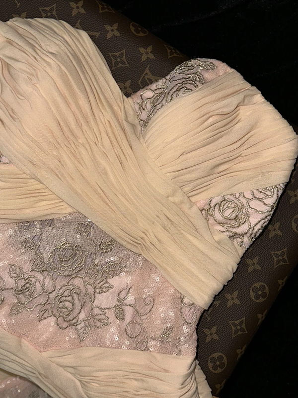 Light apricot strapless fitted waist bodycon short ball gown R6980