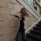 Black strapless fitted waist slim hips polka dot long sexy ball gown R8867