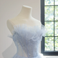 Light blue strapless, fitted waist, full skirt, mid-length ball gown R8466