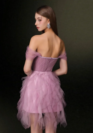 Light purple suspender waist slim asymmetrical skirt short skirt homecoming dress R4521