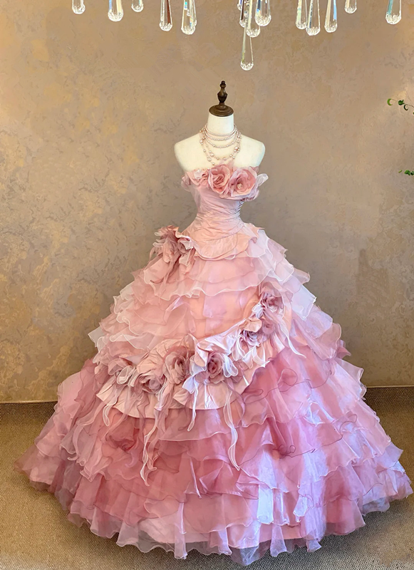 Pink floral strapless fitted waist princess skirt ball gown/bridal dress R7233