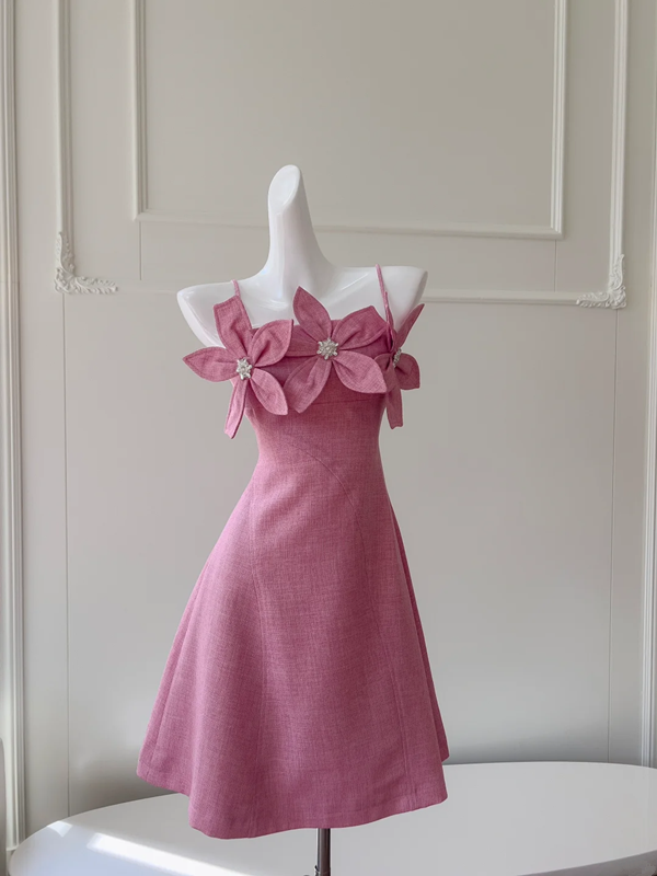 Pink halter neckline 3D flower waist slim A-line short skirt homecoming dress R5231