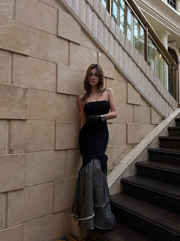 Black strapless fitted waist slim hips polka dot long sexy ball gown R8867