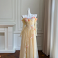Light yellow suspender three-dimensional flower waist slimming elegant long skirt homecoming dress R5191