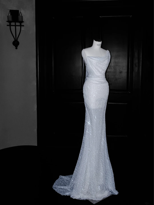 White sequins elegant waist slim sexy long skirt, prom dress R5666