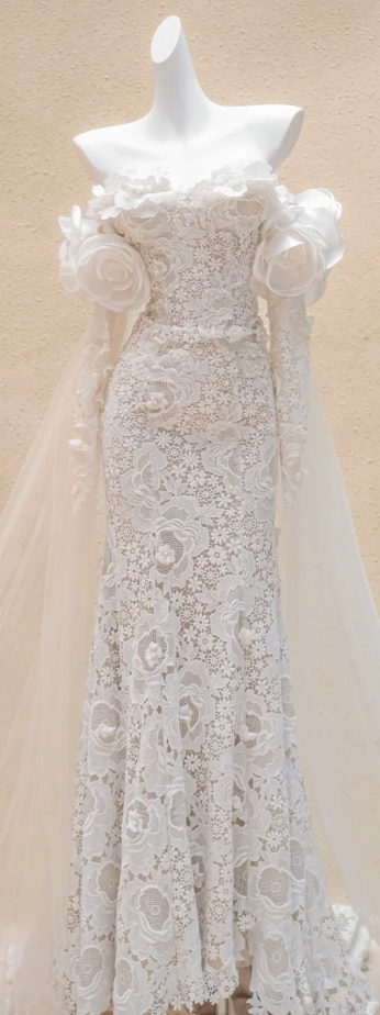 White lace one-shoulder slim waist long dress bridal gown R5748