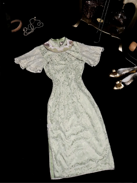 Light green floral print fitted midi ball gown R6859