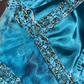 Blue tie-dye halter neck, fitted waist, elegant long ball gown R6940