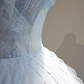 Light blue strapless, fitted waist, full skirt, mid-length ball gown R8466