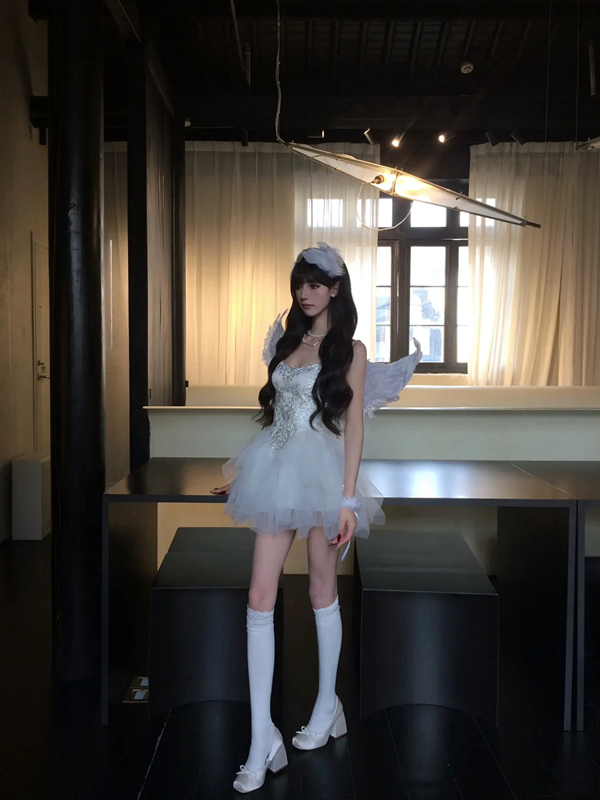 White suspender satin waist slim irregular tulle skirt homecoming dress R5088