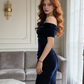 Dark blue off-the-shoulder fitted waist bodycon long ball gown R9047
