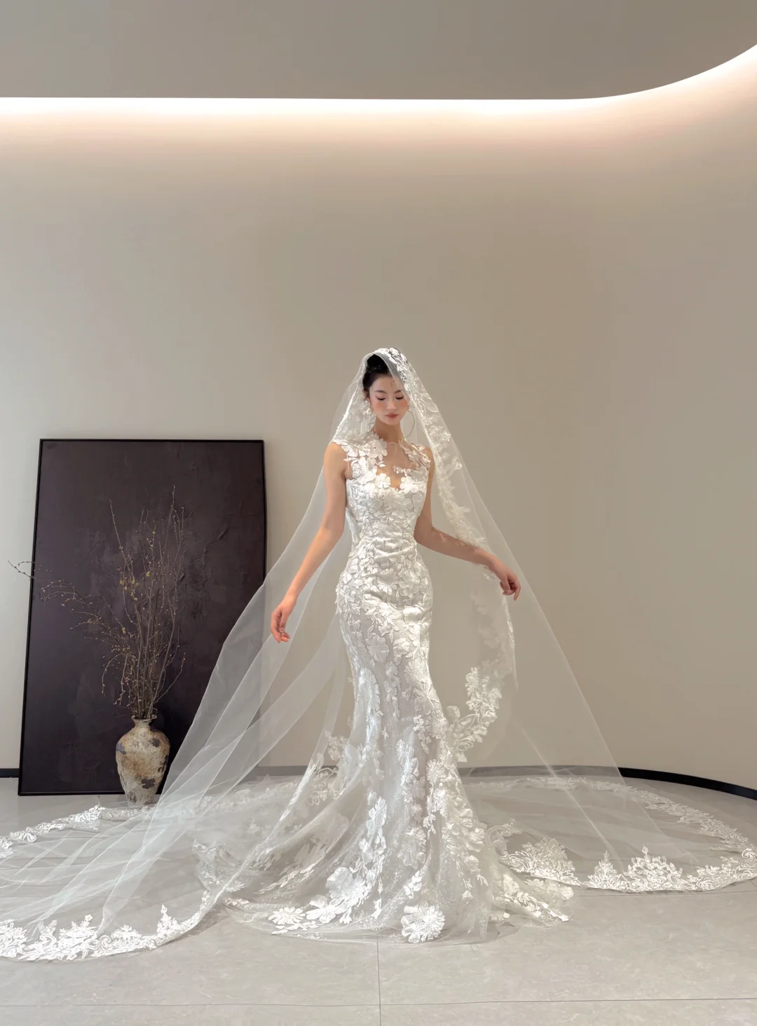 White sleeveless classic lace waist slim fishtail sexy long dress bridal gown R6062