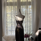 Black halter-neck, gold-print, fitted, mid-length ball gown R7736