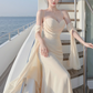 Light apricot halter-neck fitted waist slim hip sexy long ball gown R7540