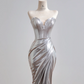 Silver strapless, fitted, bodycon, sexy long ball gown R8154