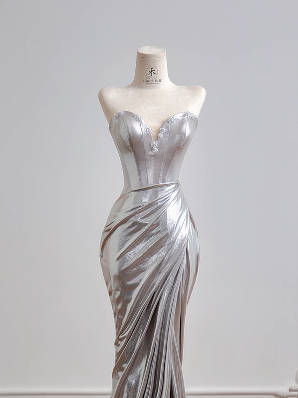 Silver strapless, fitted, bodycon, sexy long ball gown R8154