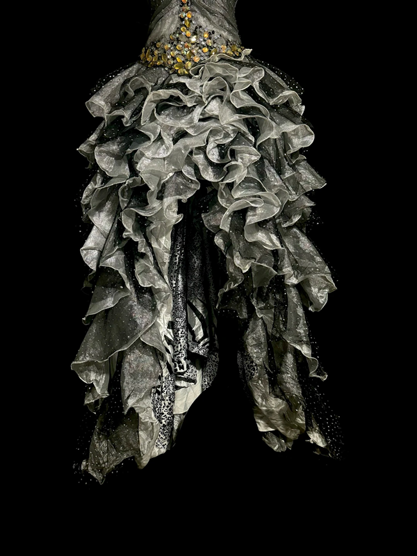 Gray strapless rhinestone-embellished, fitted waist, pleated, tiered skirt, long ball gown R6661