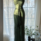 Dark green halter neck fitted waist long ball gown R7696