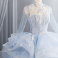 Light blue fitted waist elegant full skirt long ball gown R8436