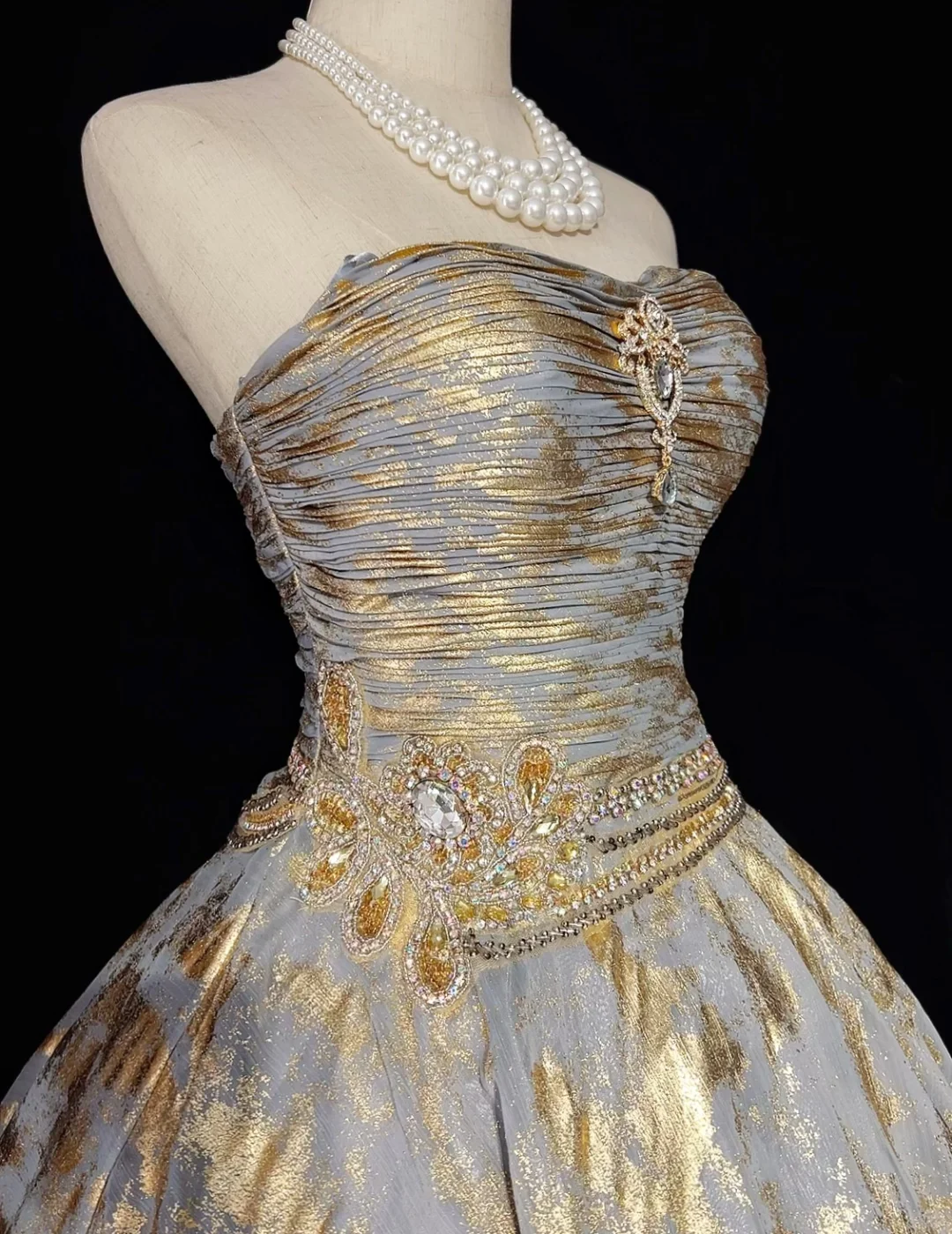 Gold pattern tube top waist slim fit puffy pleated short skirt homecoming dress R4969