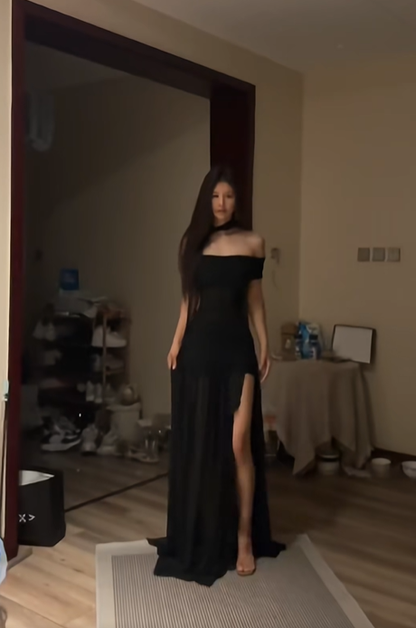 Black off-the-shoulder fitted waist slimming slit sexy long ball gown R8090