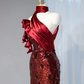 Red, stylishly designed, fitted, long ball gown/bridal dress with a high neckline and cinched waist R9017