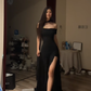 Black off-the-shoulder fitted waist slimming slit sexy long ball gown R8090