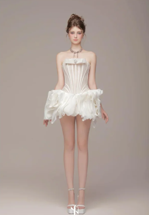 White tube top waist irregular flower skirt design short skirt homecoming dress R4764