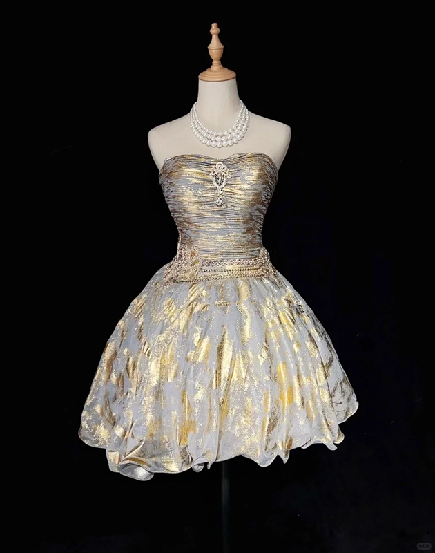 Gold pattern tube top waist slim fit puffy pleated short skirt homecoming dress R4969