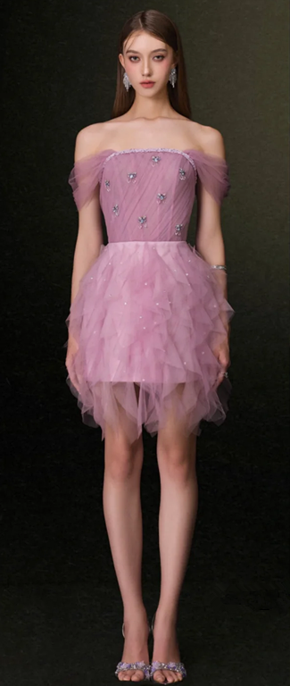 Light purple suspender waist slim asymmetrical skirt short skirt homecoming dress R4521