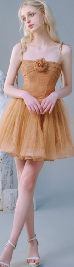 Orange suspenders waist slim fit high-end elegant slim short skirt homecoming dress R4722