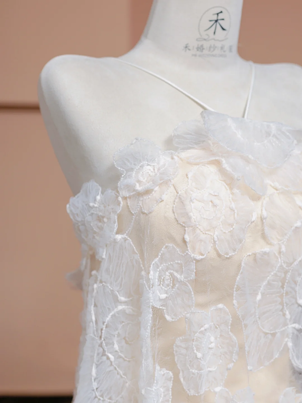 Light apricot halter-neck long straight-cut ball gown, bridal dress R8348