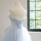 Light blue strapless, fitted waist, full skirt, mid-length ball gown R8466