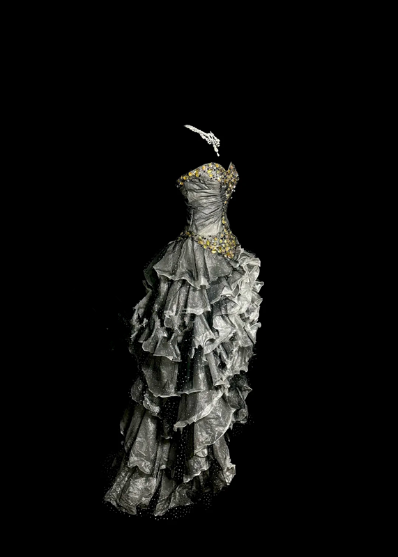 Gray strapless rhinestone-embellished, fitted waist, pleated, tiered skirt, long ball gown R6661