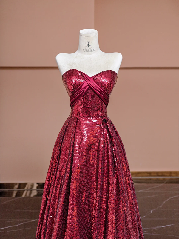 Deep red sequined strapless fitted waist elegant long ball gown, bridal dress R8381