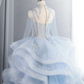 Light blue fitted waist elegant full skirt long ball gown R8436