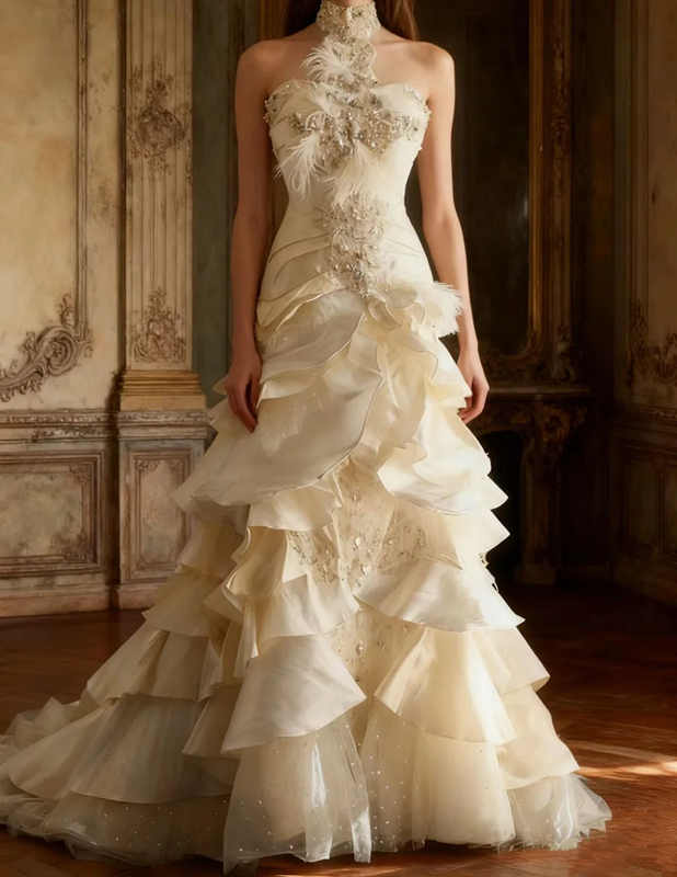 Ivory white strapless beaded fitted waist slim-fitting cake skirt long ball gown R6701