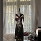 Black halter-neck, gold-print, fitted, mid-length ball gown R7736