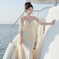 Light apricot halter-neck fitted waist slim hip sexy long ball gown R7540
