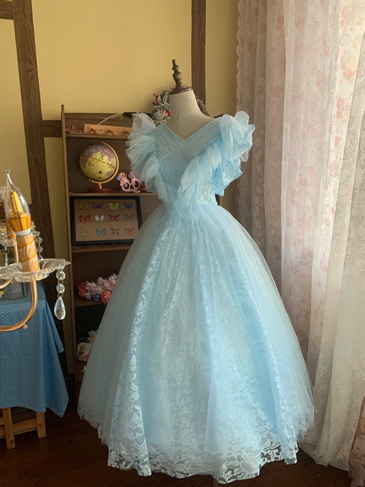 Light blue V-neck fitted A-line ball gown/bridal dress R7253