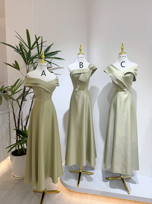 Light green satin waist-cinched, slim-fit and figure-flattering ball gown, bridesmaid dress R5942