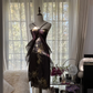Black halter-neck, gold-print, fitted, mid-length ball gown R7736