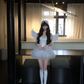 White suspender satin waist slim irregular tulle skirt homecoming dress R5088