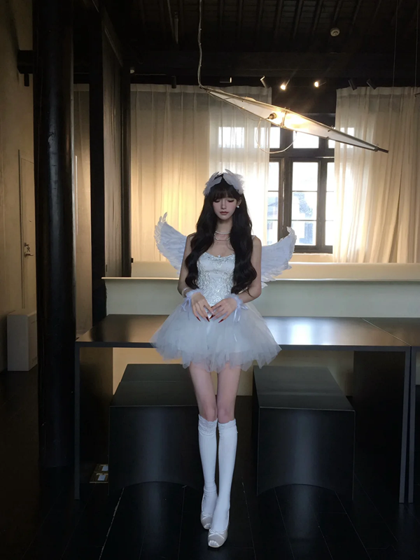 White suspender satin waist slim irregular tulle skirt homecoming dress R5088