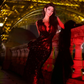 Black sequined sequined long ball gown with a lace neckline, fitted waist, and hip-hugging design R7060