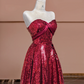 Deep red sequined strapless fitted waist elegant long ball gown, bridal dress R8381