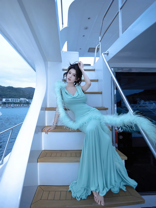 Lake Blue Spaghetti Strap Waist-Cinched Fitted Floor-Length Elegant Prom Dress R7100