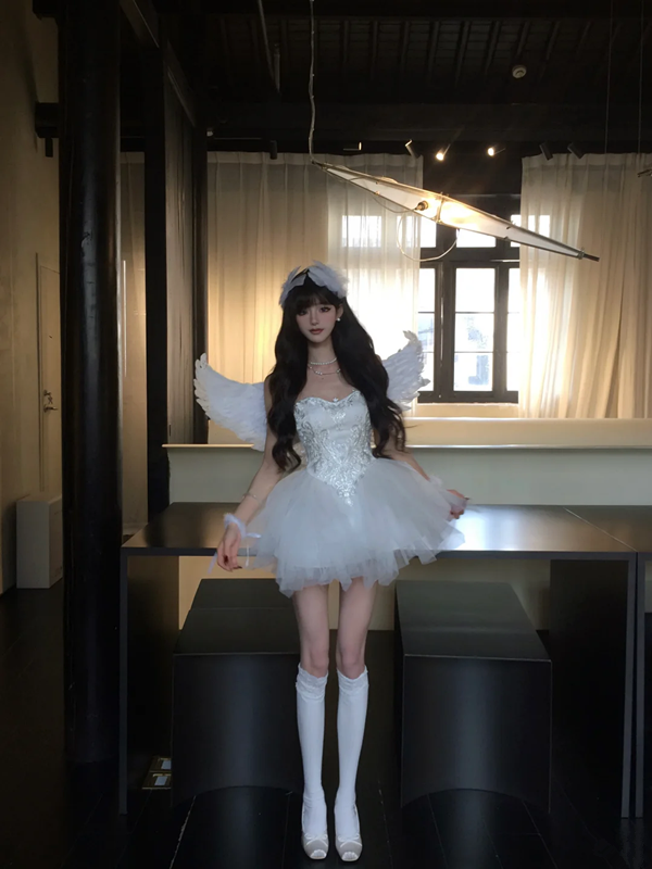 White suspender satin waist slim irregular tulle skirt homecoming dress R5088