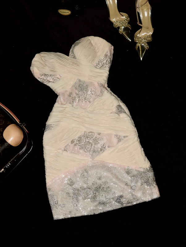 Light apricot strapless fitted waist bodycon short ball gown R6980